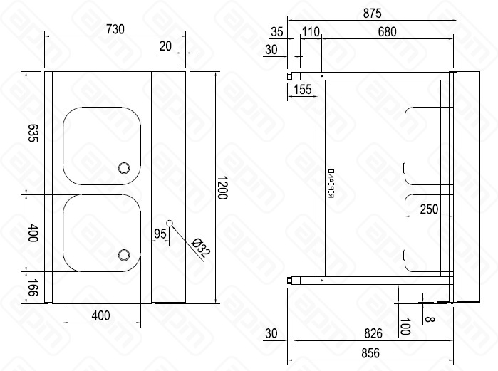 СТОЛ ДГРЯЗПОСУДЫ DIHR T55 1200 SX СПЕЦ 2 ВАННЫ