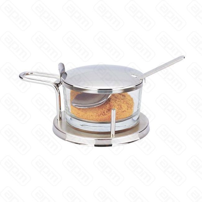 Сахарница с крышкой стеклянная на металлической подставке  ложка PL - REG