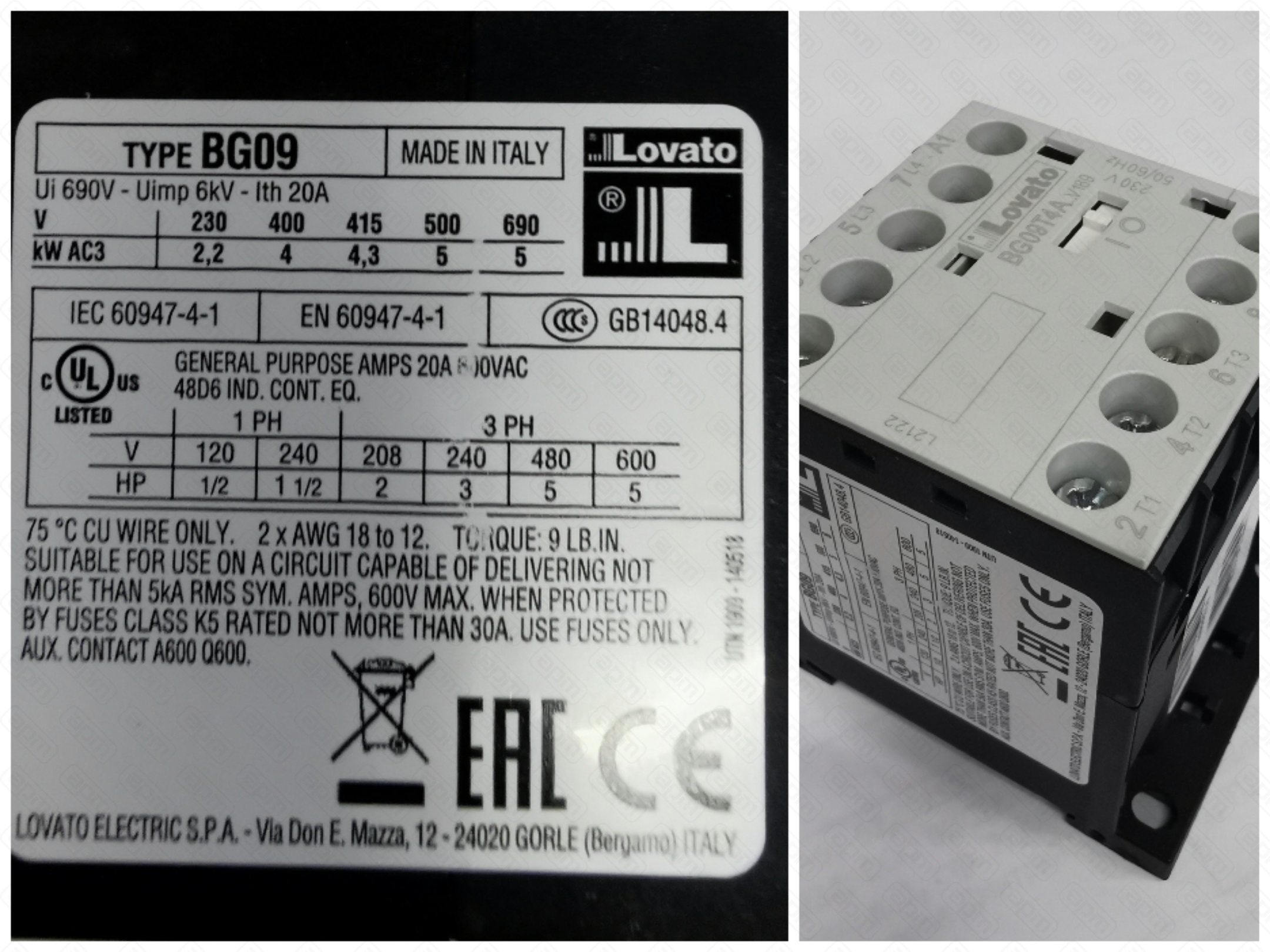 Контактор 230В 5060 Гц CONTACTOR 230V 5060 Hz