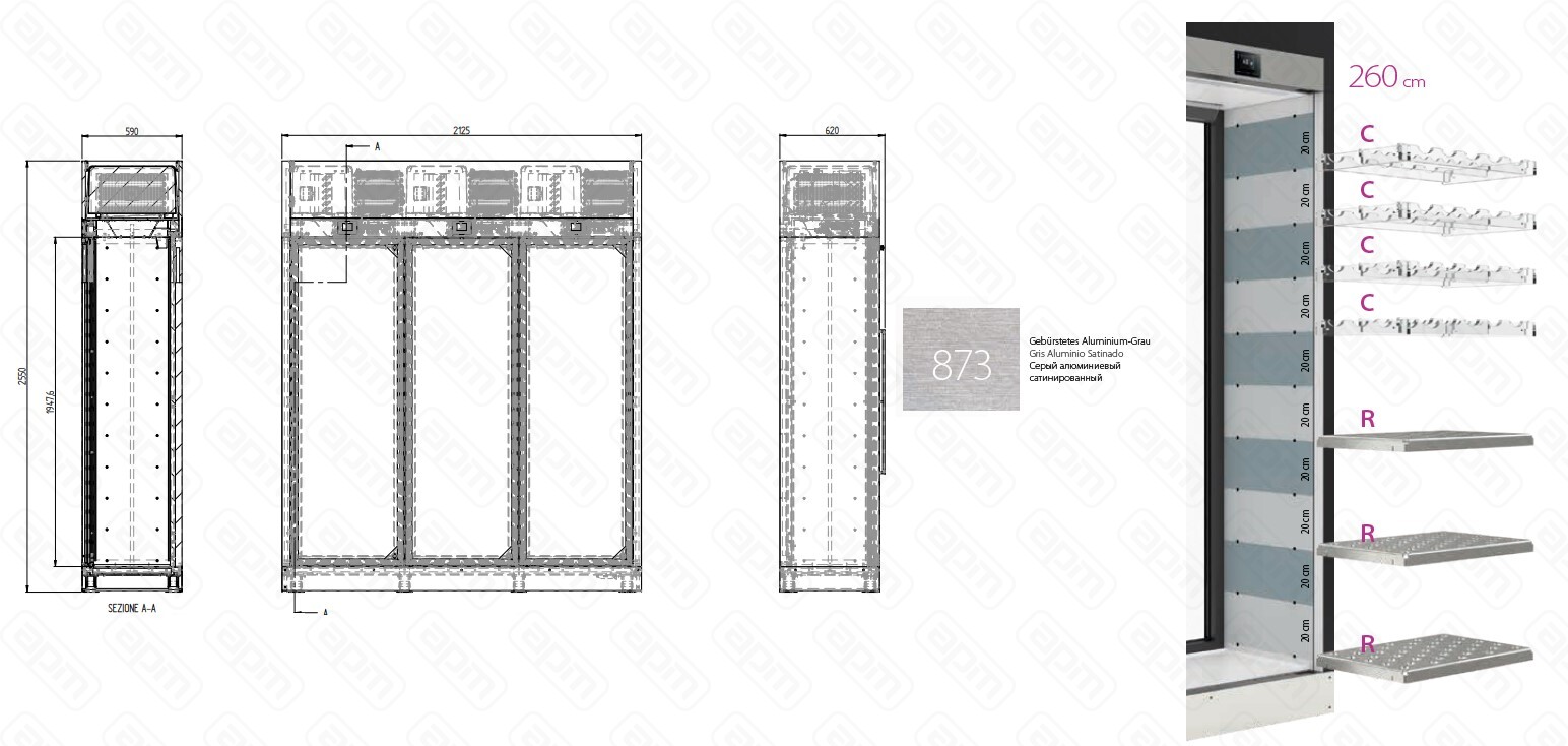 ШКАФ ВИННЫЙ ENOFRIGO WINE LIBRARY 20 3P WALL H260 P60 VT W СЕРЫЙ 873  ПОЛКИ RПОЛКИ С