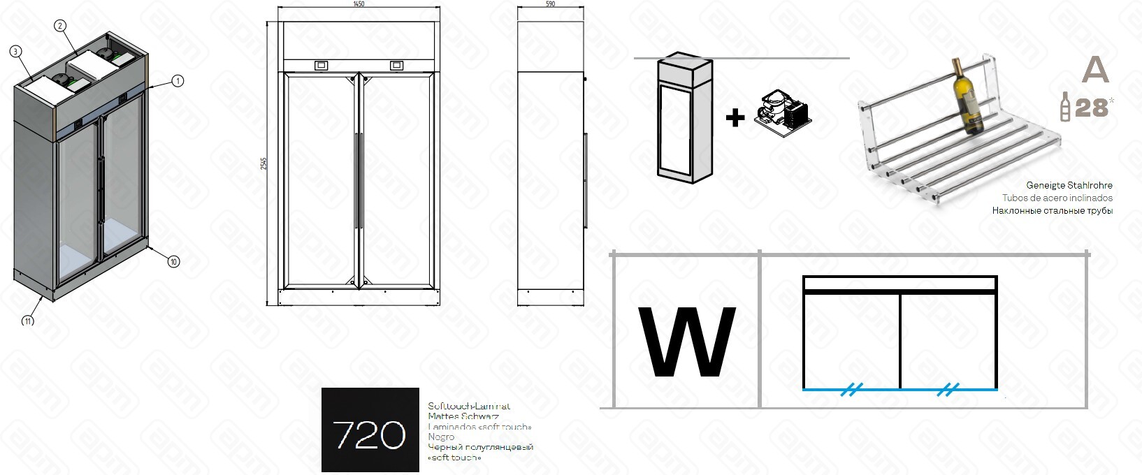 ШКАФ ВИННЫЙ ENOFRIGO WINE LIBRARY 20 2P WALL H260 P60 VT W ЧЕРНЫЙ  ВЫНОС АГРЕГАТ  ПОЛКИ A